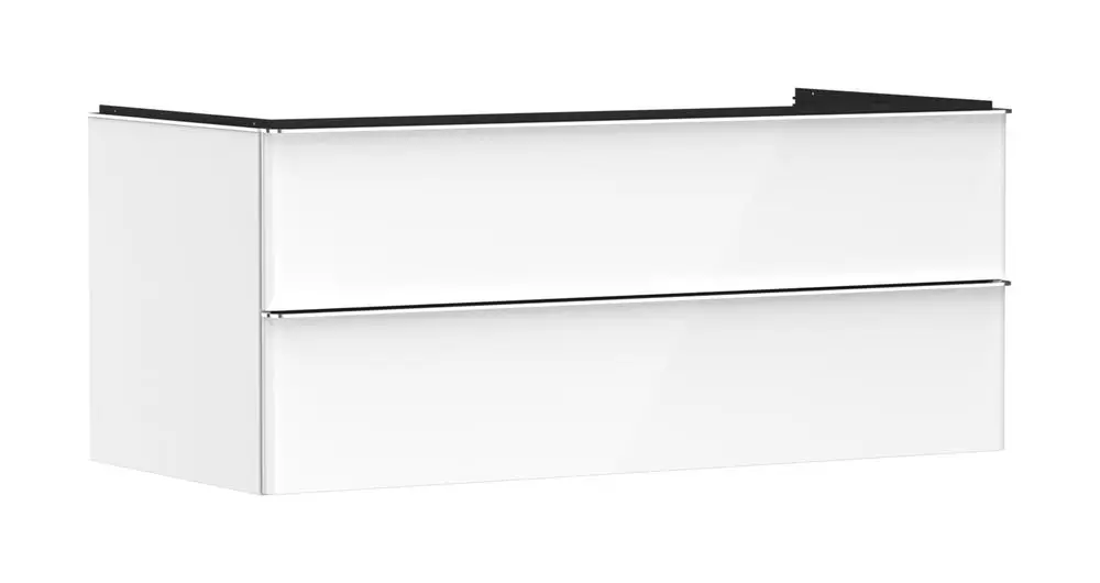 Weißer Waschtischunterschrank mit zwei Schubkästen, geeignet für Konsolen Aufsatzwaschtische. Designerstück von Hansgrohe, schlichte, glatte Oberflächen.